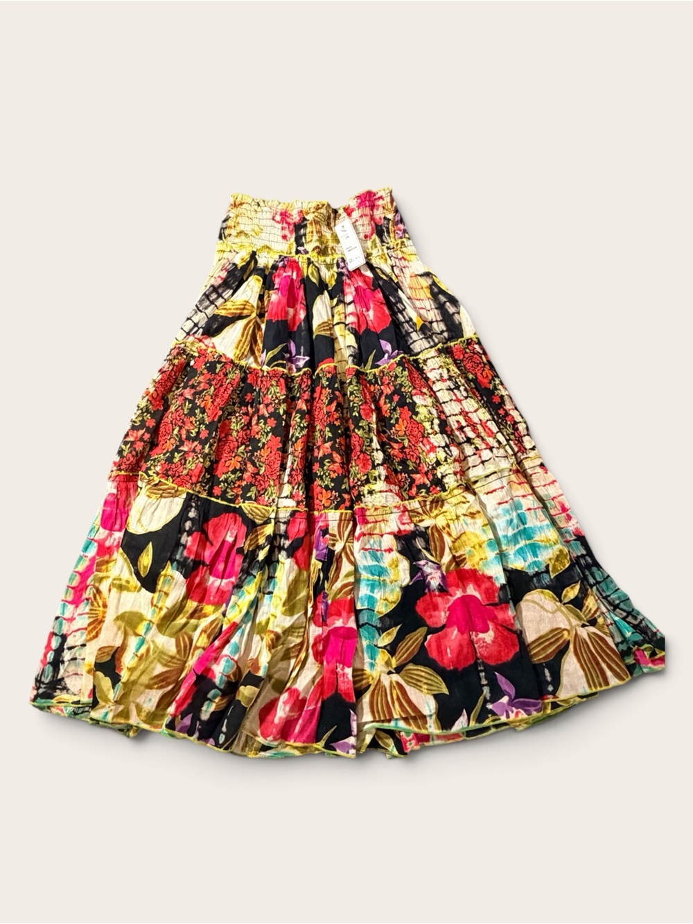 NWT Chaudry KC Floral Mixed Print Boho Tiered Maxi Skirt Smocked Waist Size XS
